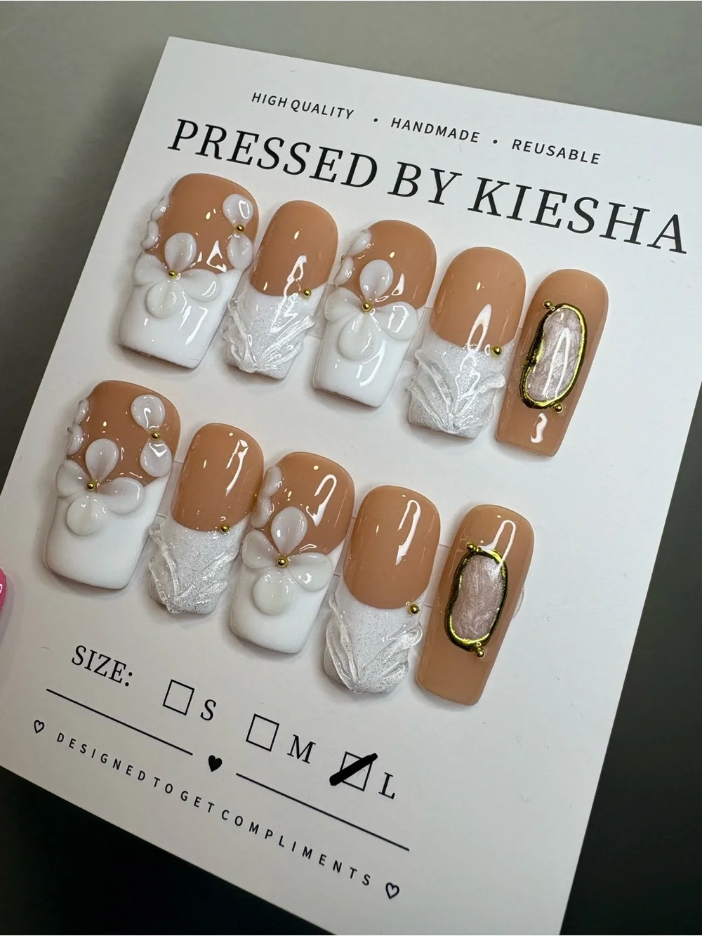 Nude & White 3D Floral Press-On Nails